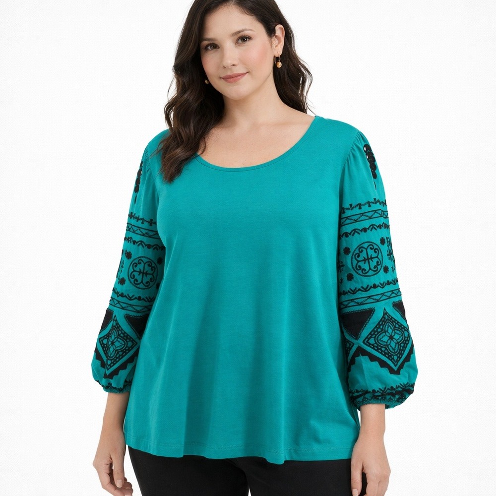 Chico's Teal Green Embroidered Puff Sleeve Knit Top‎ Blouse Size 3 XL 3/4 Sleeve